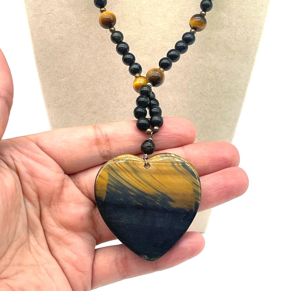 Tigers Eye Heart Pendant Beaded Necklace 16" - Picture 3 of 5